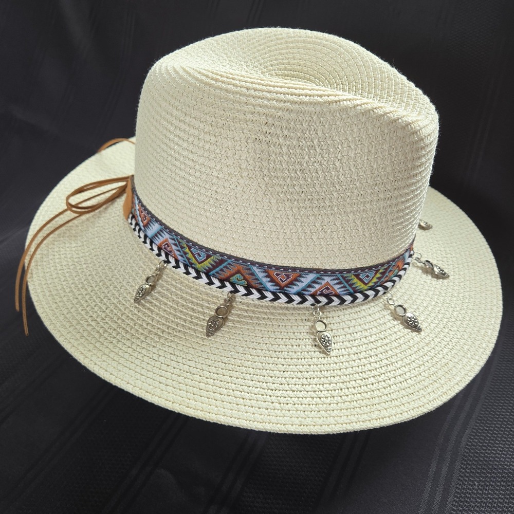 Unbranded Straw Fedora Sun Hat Cream Excellent‎ Boho Southwestern Band